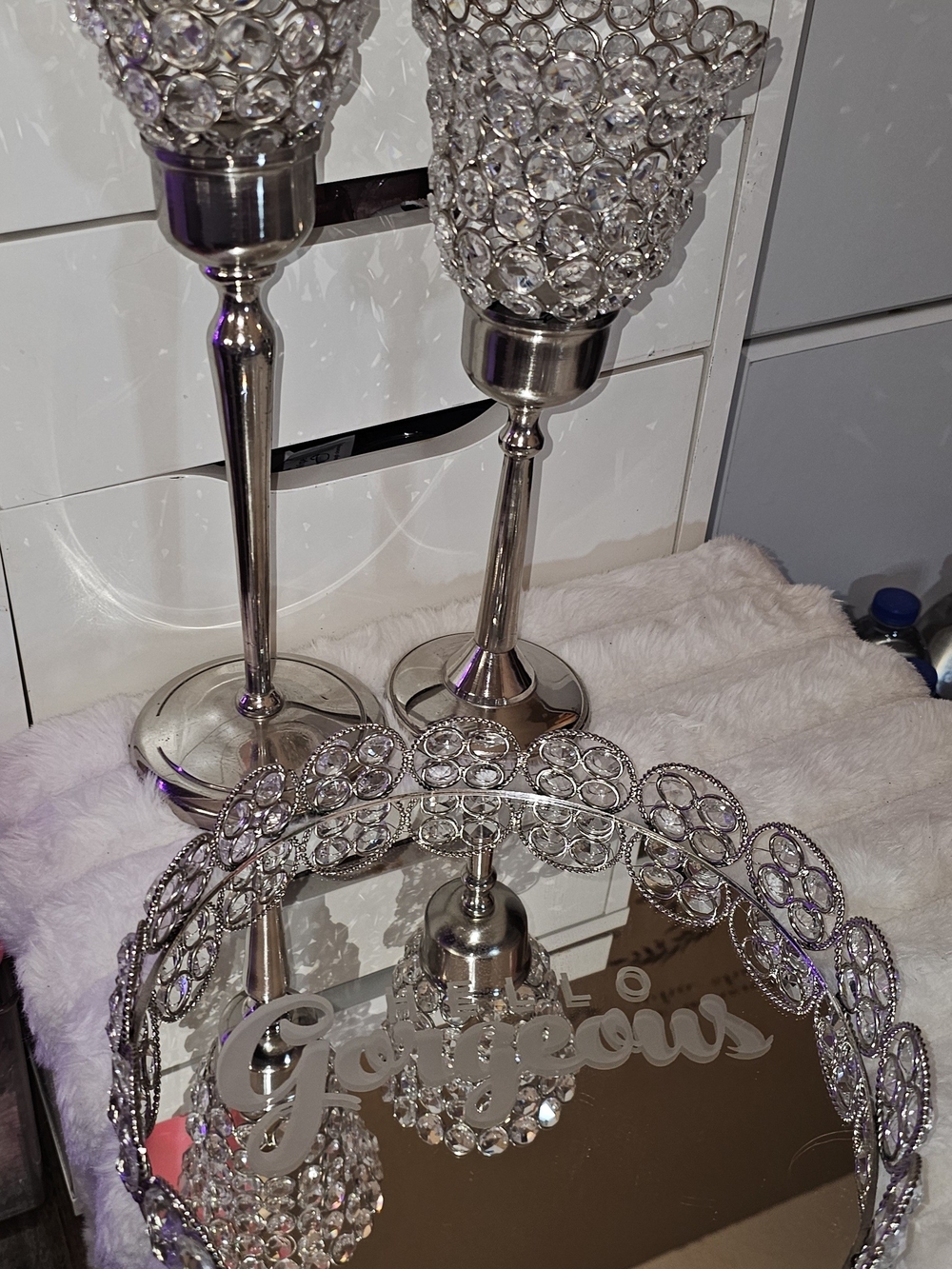 Silver Crystal Accent Sconces And Tray. Tray w/ Hello Gorgeous/ 3 Pcs - Picture 7 of 9